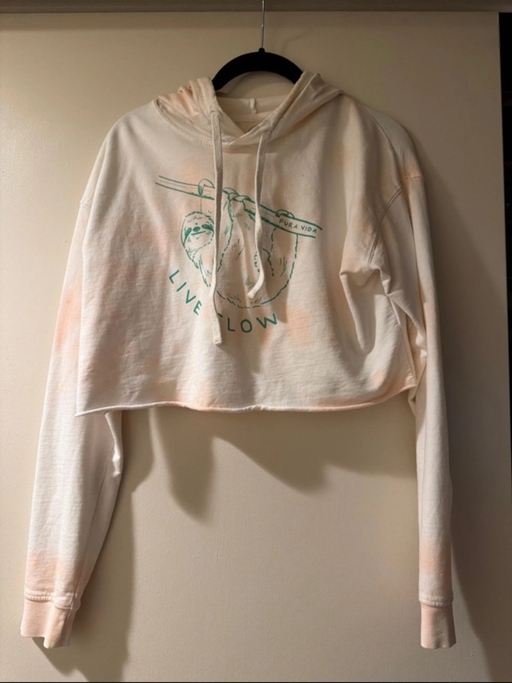 Pura Vida Pink Tie Dye Cropped Hoodie with Mint Sloth Graphic